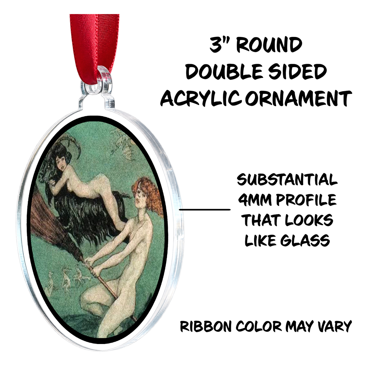 Witches Flying on Broomstick Art Holiday Ornament Medallion Hanging Charm