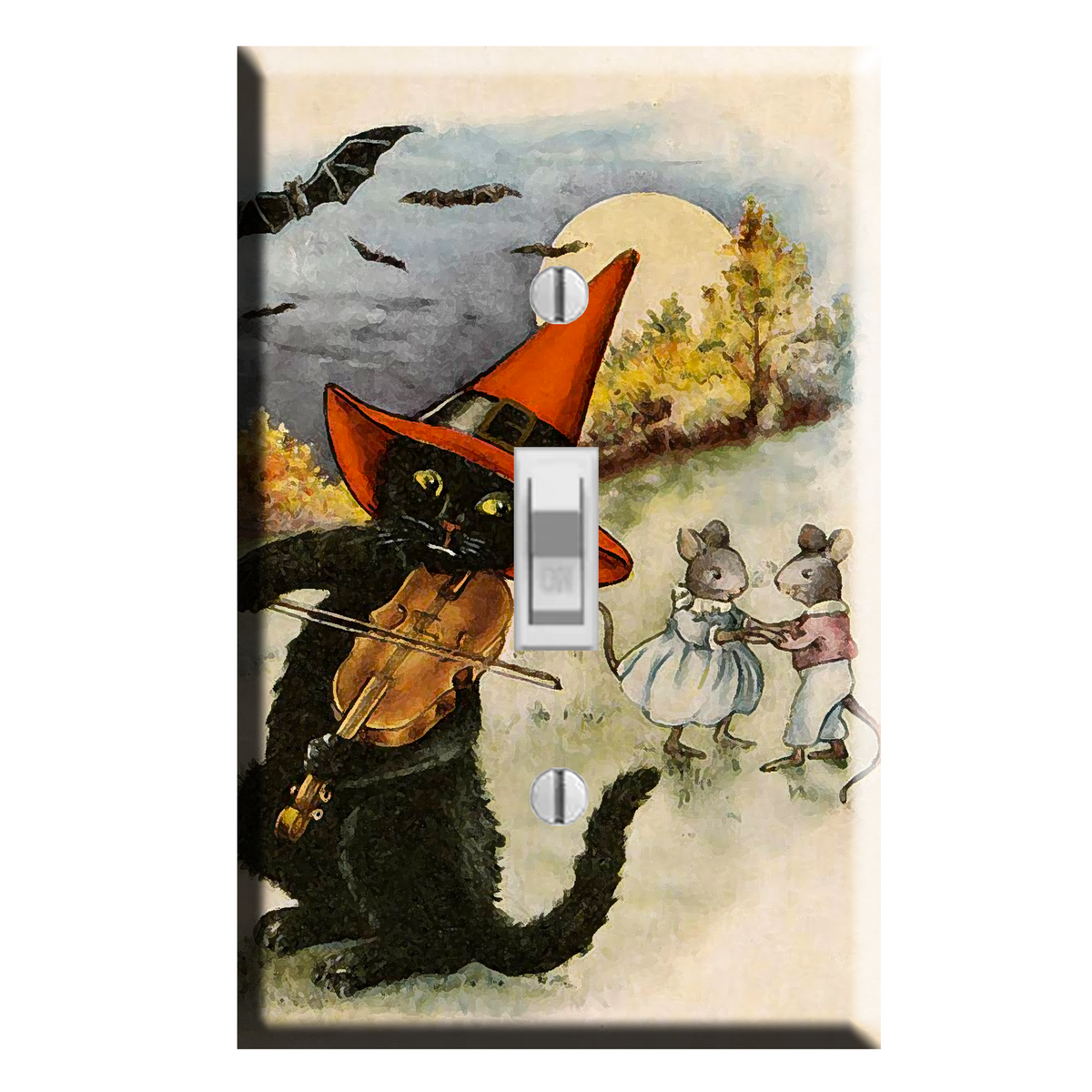 Retro Style Halloween Black Cat Playing Fiddle Violin Mice Decor Light Switch Plate Cover