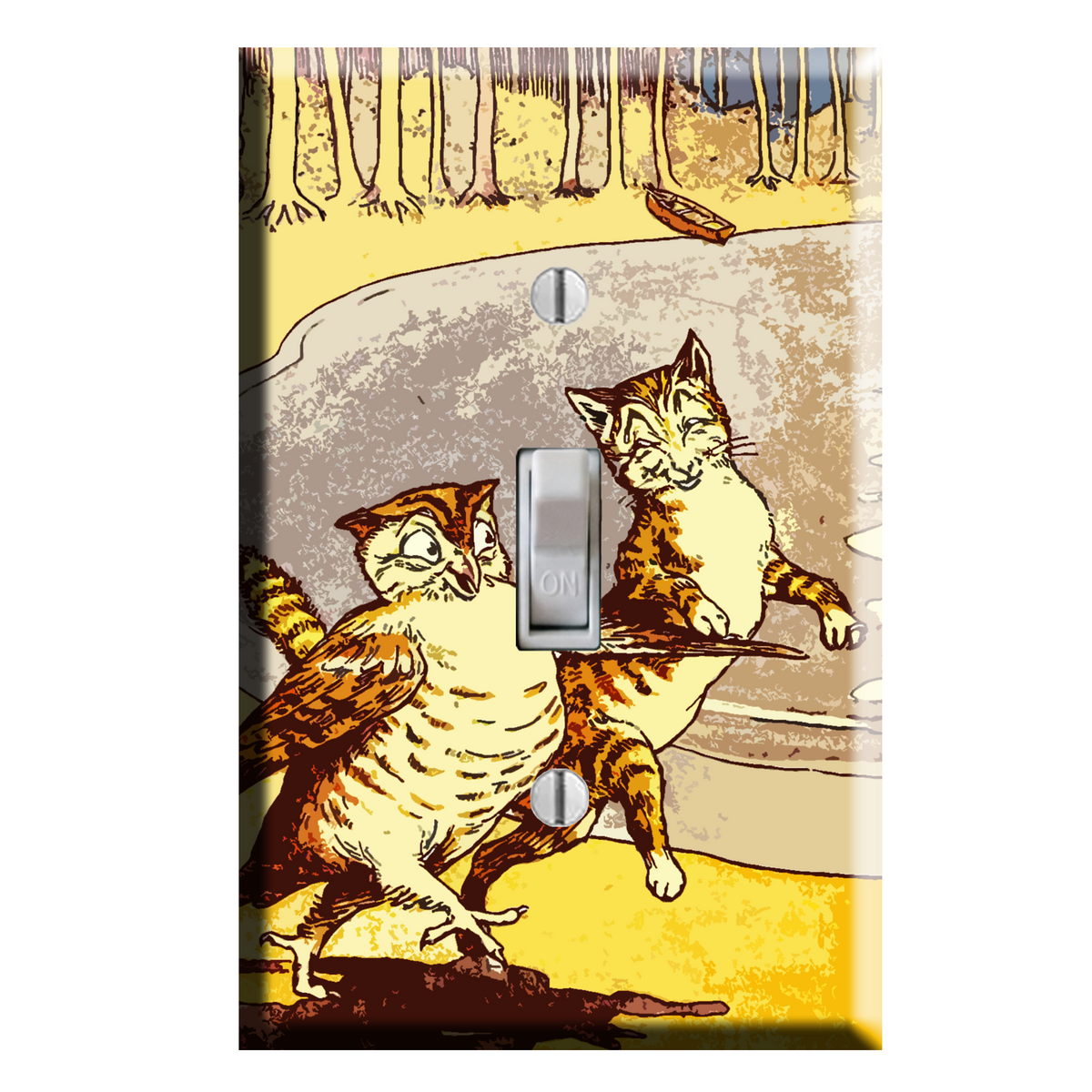 A single-toggle light switch plate cover featuring a whimsical illustration of the owl and the pussy cat. The design shows a tan and brown cat on the right and a larger brown-and-cream owl on the left, with a yellow ground and tree line in the background.