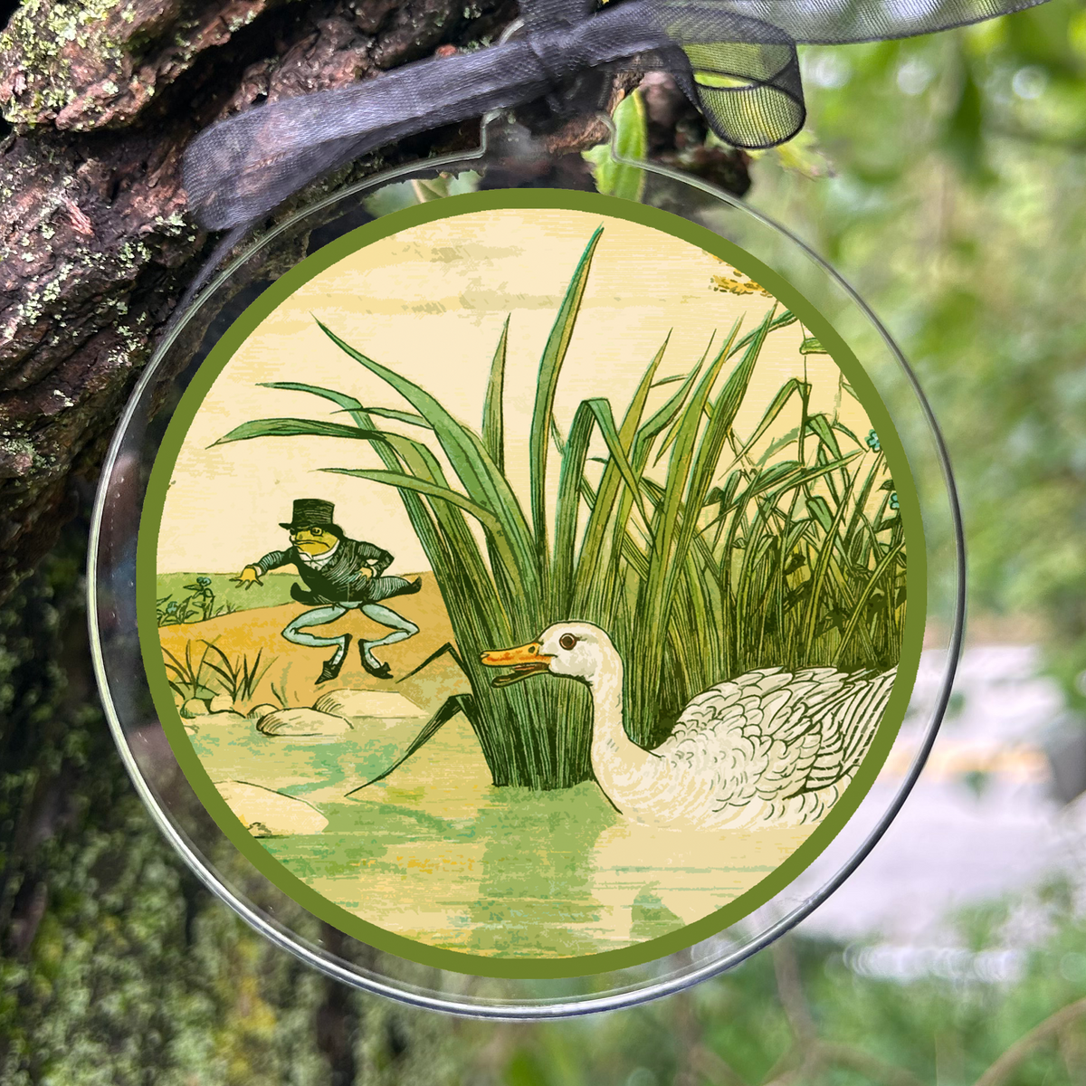 Frog and Little White Duck Ornament Medallion Hanging Charm