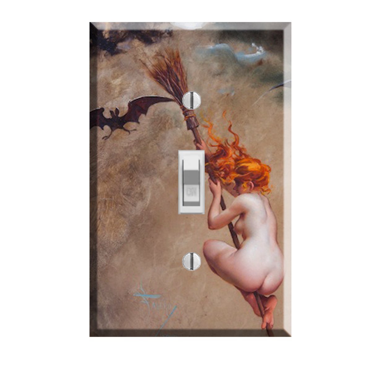 A single-gang light switch plate featuring a gothic fantasy illustration of a nude female figure with fiery orange hair holding a scythe, set against a textured brown and beige background.