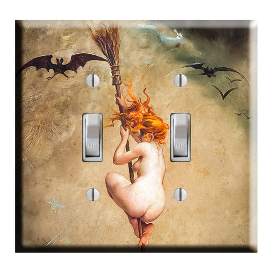 The Witch on Broom DOUBLE Toggle Light Switch Plate Cover