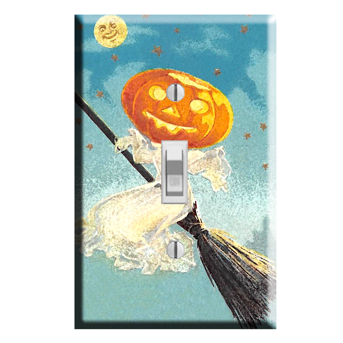 Flying Jack-o’-lantern Pumpkin Witch Light Switch Plate Cover Vintage Retro Style