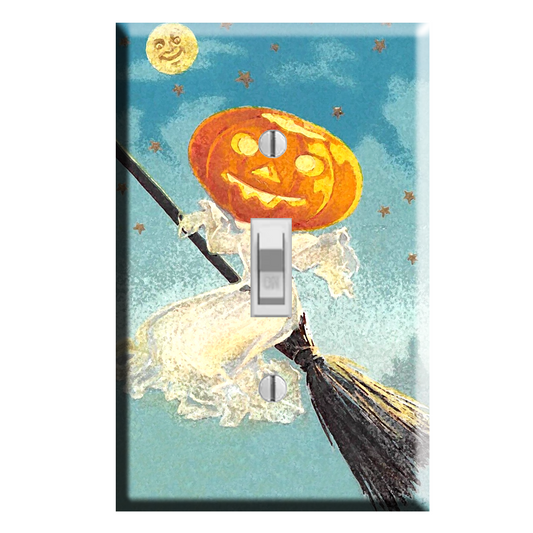Flying Jack-o’-lantern Pumpkin Witch Light Switch Plate Cover Vintage Retro Style