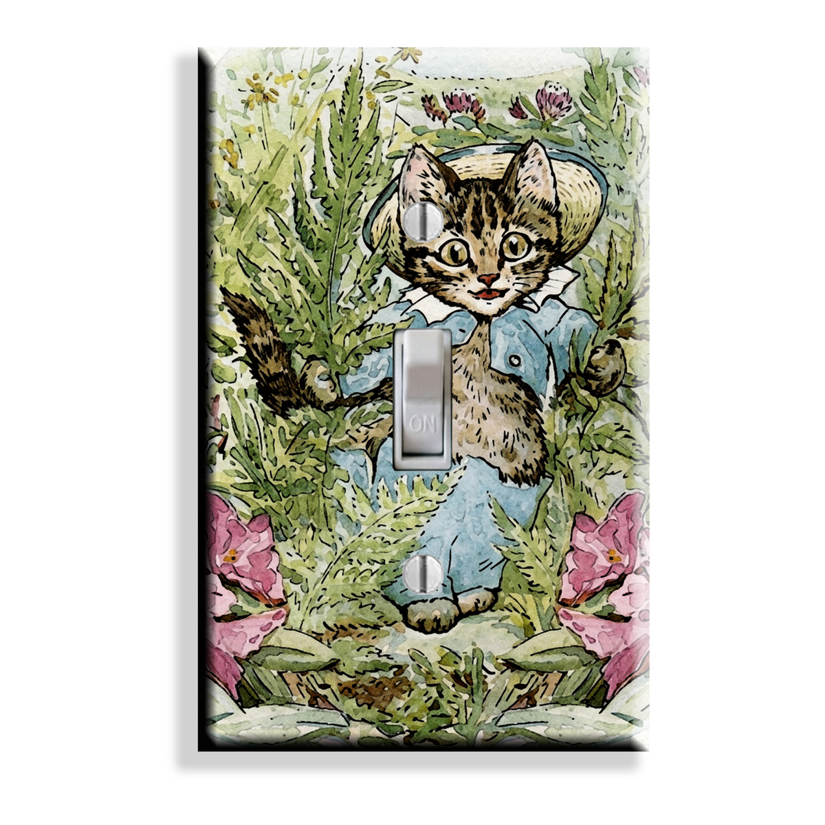A rectangular light switch plate cover featuring a vintage-style illustration of a tom kitten in a blue outfit among green foliage and pink flowers, with a silver switch cutout in the center.