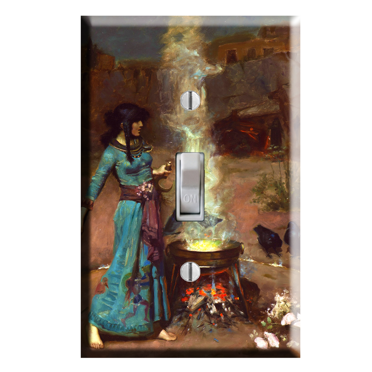 A single-toggle light switch plate cover featuring a classical painting of a witch in a turquoise dress standing beside a cauldron with smoke and fire, shown against a plain white background.