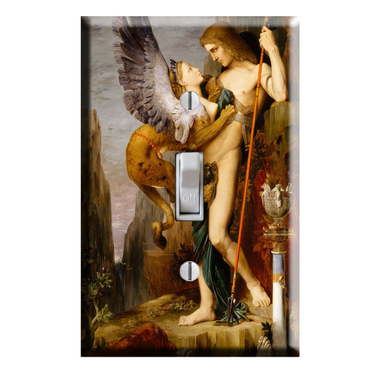 A rectangular light switch plate featuring a classical painting of a nude male figure with a winged female hybrid, shown against a plain white background.