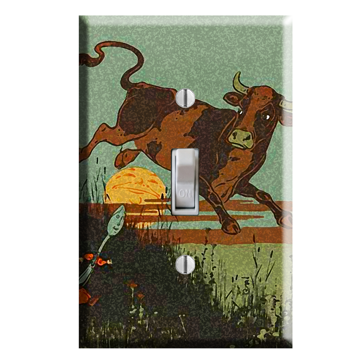 light switch cover featuring a whimsical image of  spoon, moon and a cow