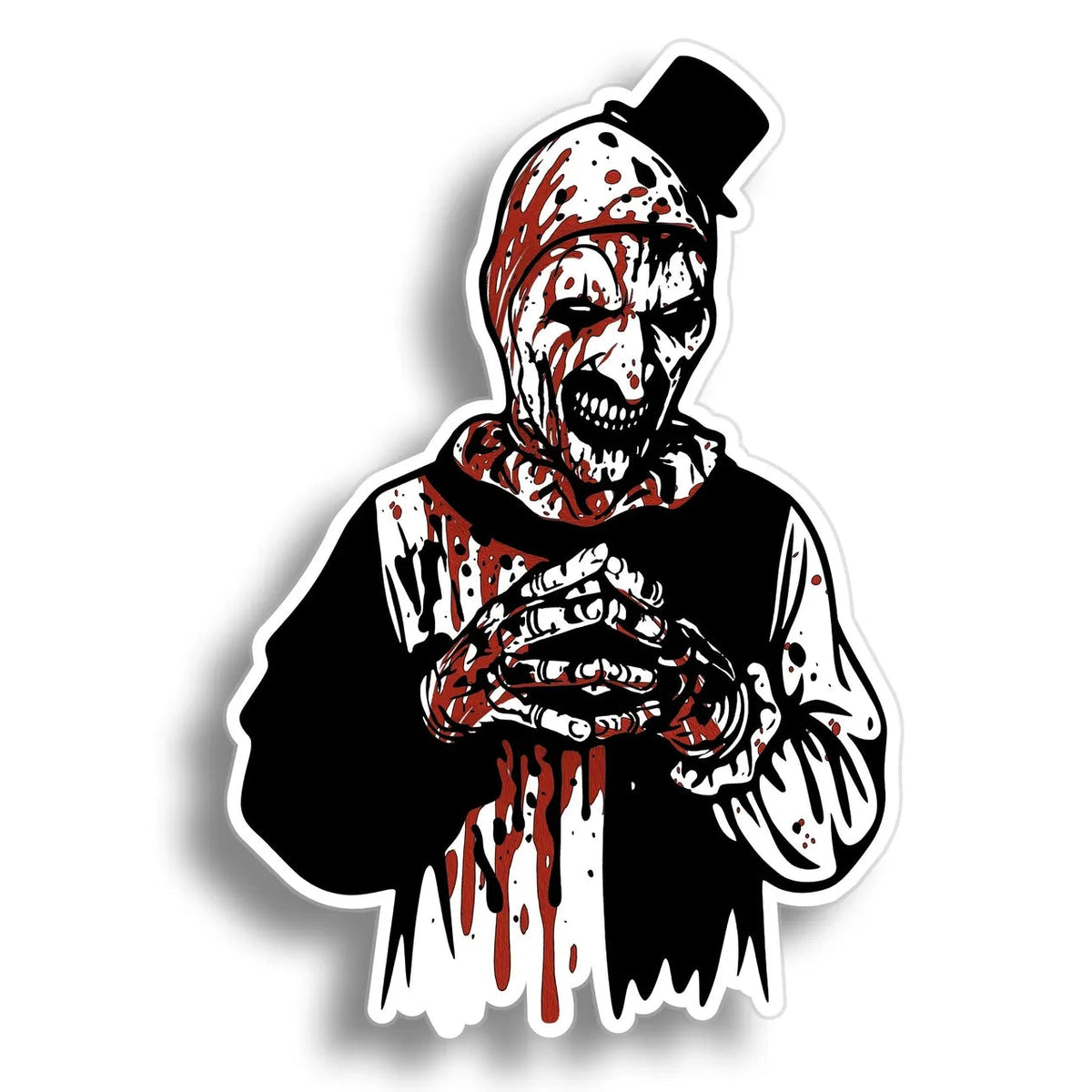 A die-cut vinyl sticker featuring art the horror clown illustration with a top hat, bloody hands, and red blood splatters on a white background.