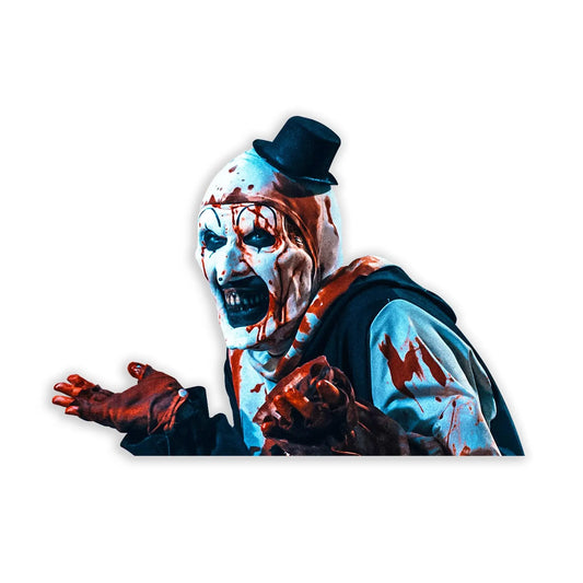 Art the clown sticker, featuring a blood-splattered white face, dark eyes, a black top hat, dark vest, and blood-stained gloves.