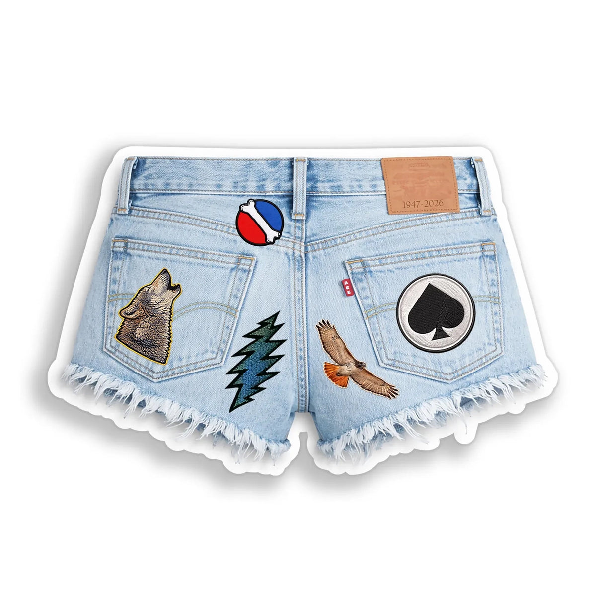 sticker of bob weir's cut off denim shorts decorated with various patches 