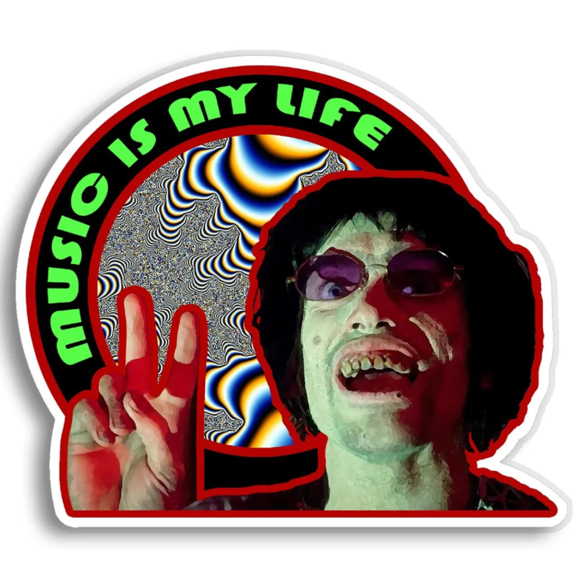 A die-cut sticker featuring a stylized portrait of Chop Top with sunglasses, a peace sign hand gesture, and the text 'MUSIC IS MY LIFE' in bright green on a black arch. The background of the sticker includes a psychedelic black, white, and yellow wavy pattern.