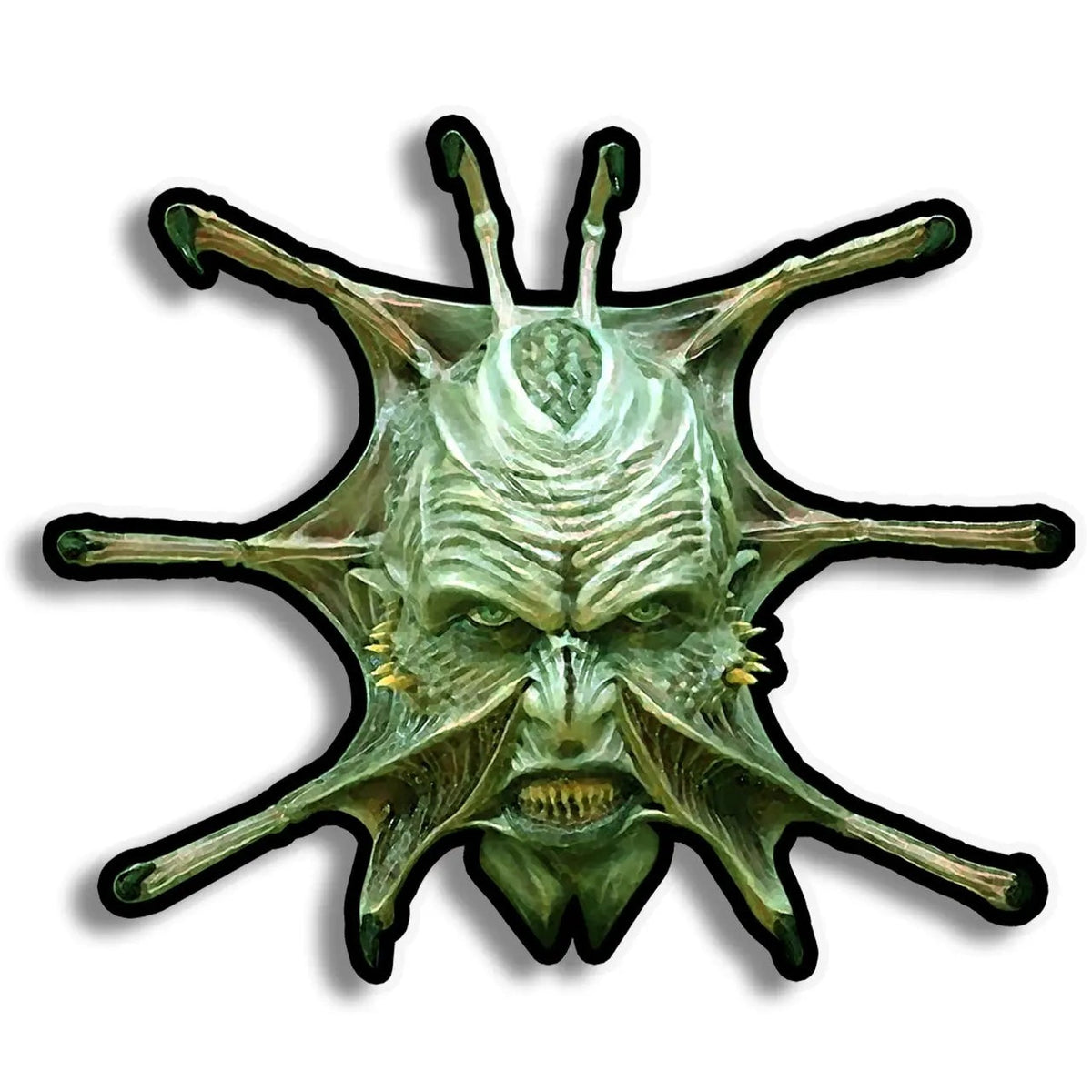 Jeepers Creepers face sticker with multiple spiky tentacles and a black outline, shown on a white background with a drop shadow.