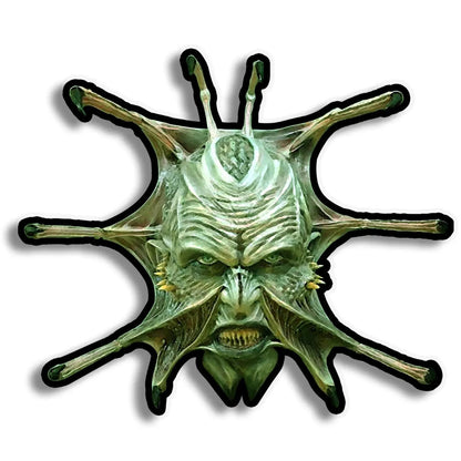 Jeepers Creepers face sticker with multiple spiky tentacles and a black outline, shown on a white background with a drop shadow.