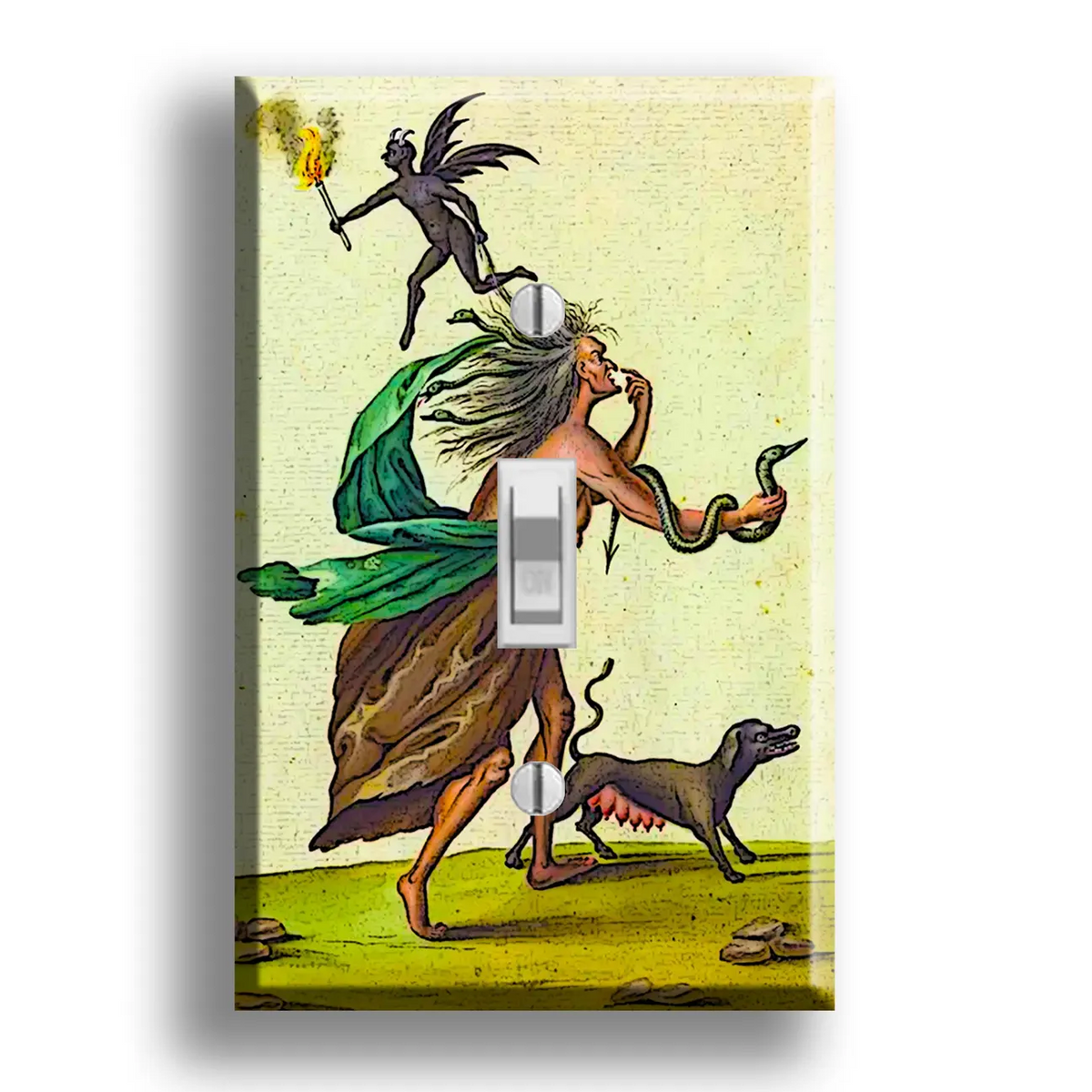 A single-toggle light switch plate featuring a vintage-style illustration of a woman with wild hair, a green cloak, a black winged demon above her head, and a black dog below, shown on a white background.
