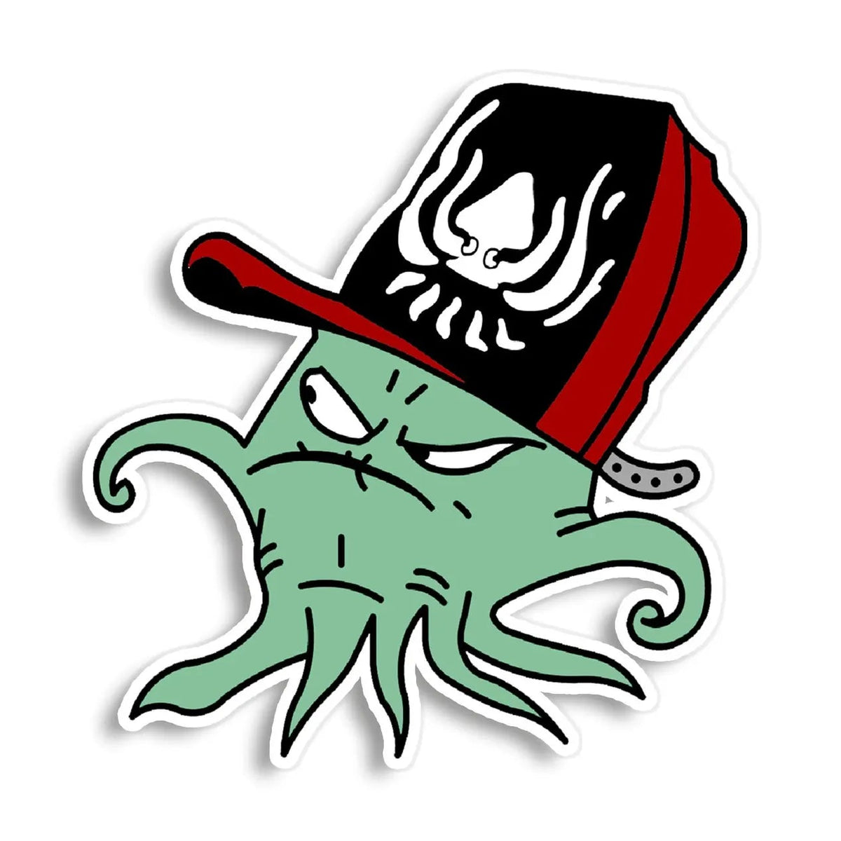 A cartoon sticker or decal of a green squid-like creature wearing a black and red hat with a trans am squid logo, shown on a plain white background.