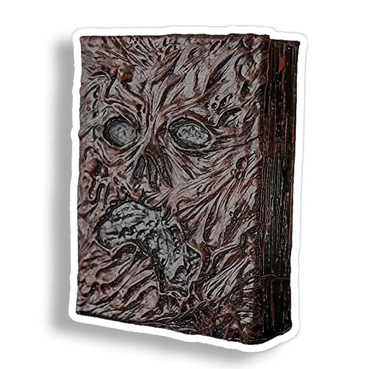 A die-cut vinyl sticker depicting Evil Dead's book with a textured, decaying face, shown on a white background with a drop shadow.