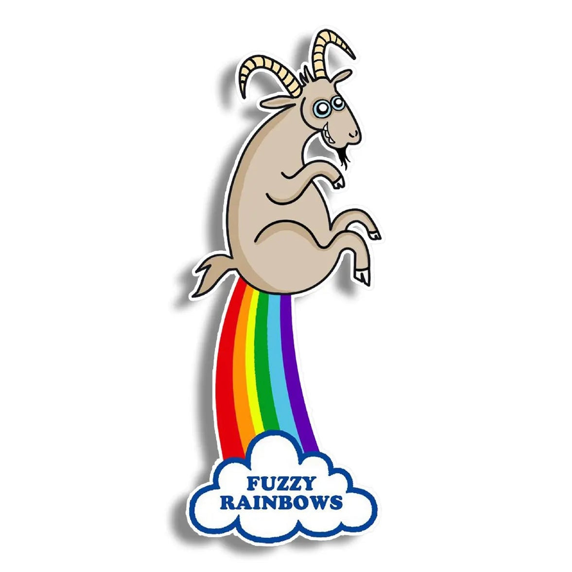 A cartoon goat farting a rainbow with a cloud below that reads 'FUZZY RAINBOWS' on a white background.