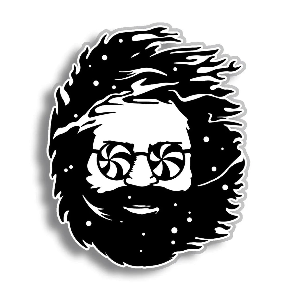A black and white graphic sticker or decal featuring a stylized face of Jerry Garcia with wild hair, a beard, and psychedelic swirl glasses on a white background with a gray drop shadow.