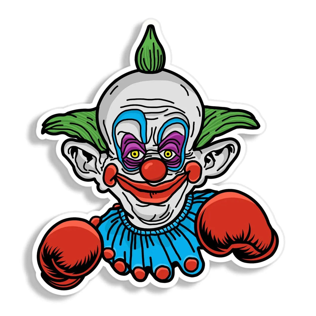 A die-cut vinyl sticker featuring a stylized cartoon Killer Klown Shorty with a white face, green hair, red nose and boxing gloves, and a blue ruffled collar, shown on a plain white background.