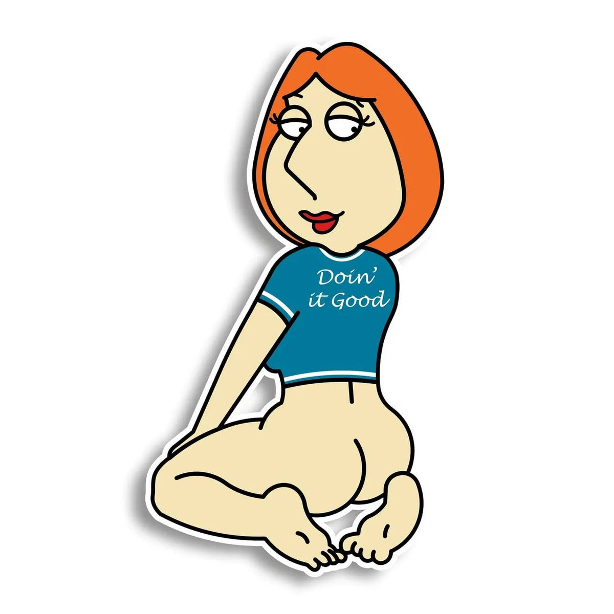 A die-cut cartoon sticker of Lois Griffin from Family Guy kneeling and wearing a blue crop top with the text 'Doin' it Good' on a white background.