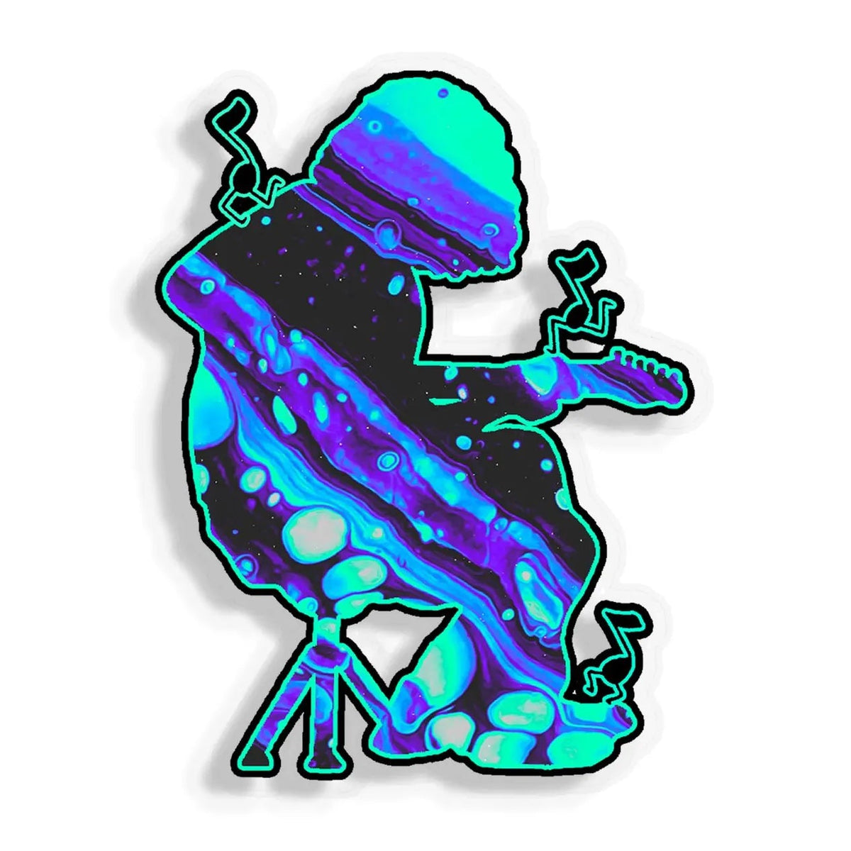 A die-cut sticker featuring a psychedelic, Mikey figure in vibrant neon cyan, purple, and black with a small guitar, shown on a plain white background.