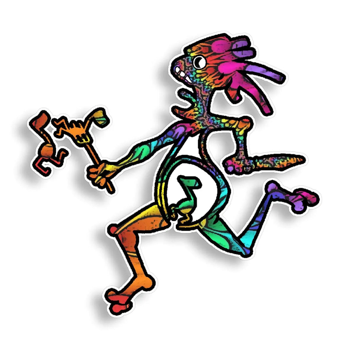 A colorful cartoon note eater sticker with rainbow stripes and a black outline, shown on a plain white background.