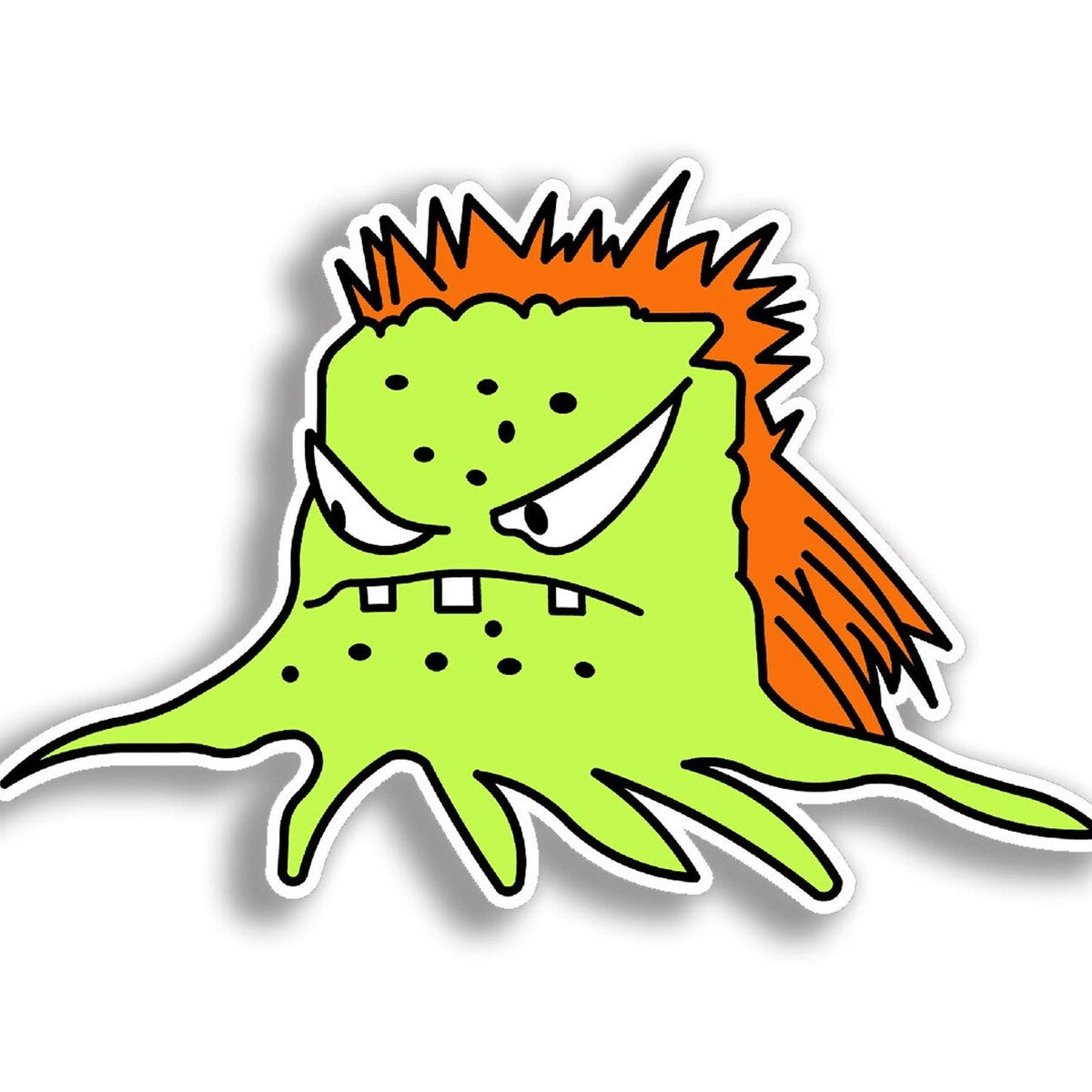 A cartoon squid sticker or decal with a bright lime green body, orange spiky hair, and an angry expression, shown on a white background with a black outline and drop shadow.
