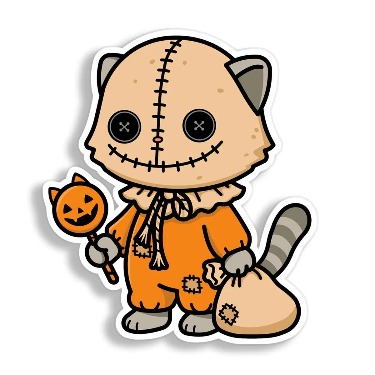 A cartoon-style die-cut sticker of a Sam from Trick r Treat as a cat white background.