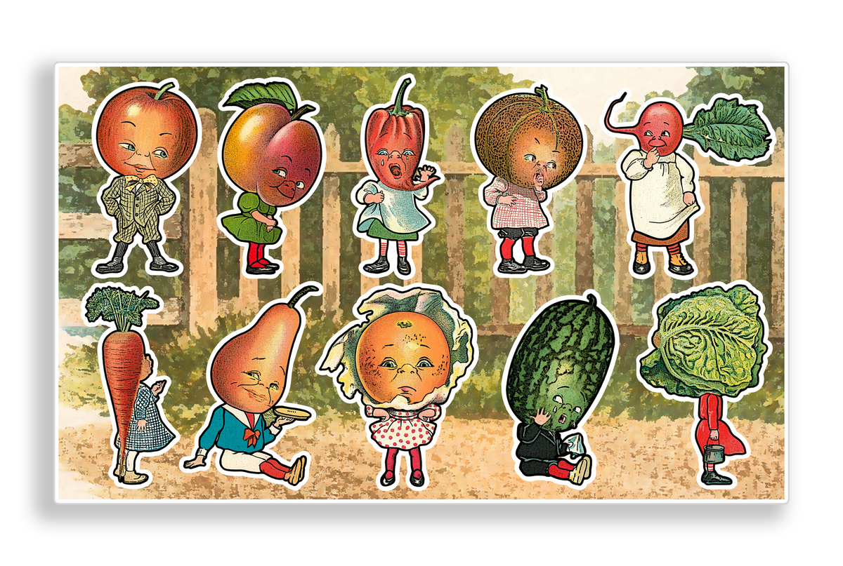 Vintage Style Fruit & Veggie People Vinyl Sticker Sheet Journal Scrabooking