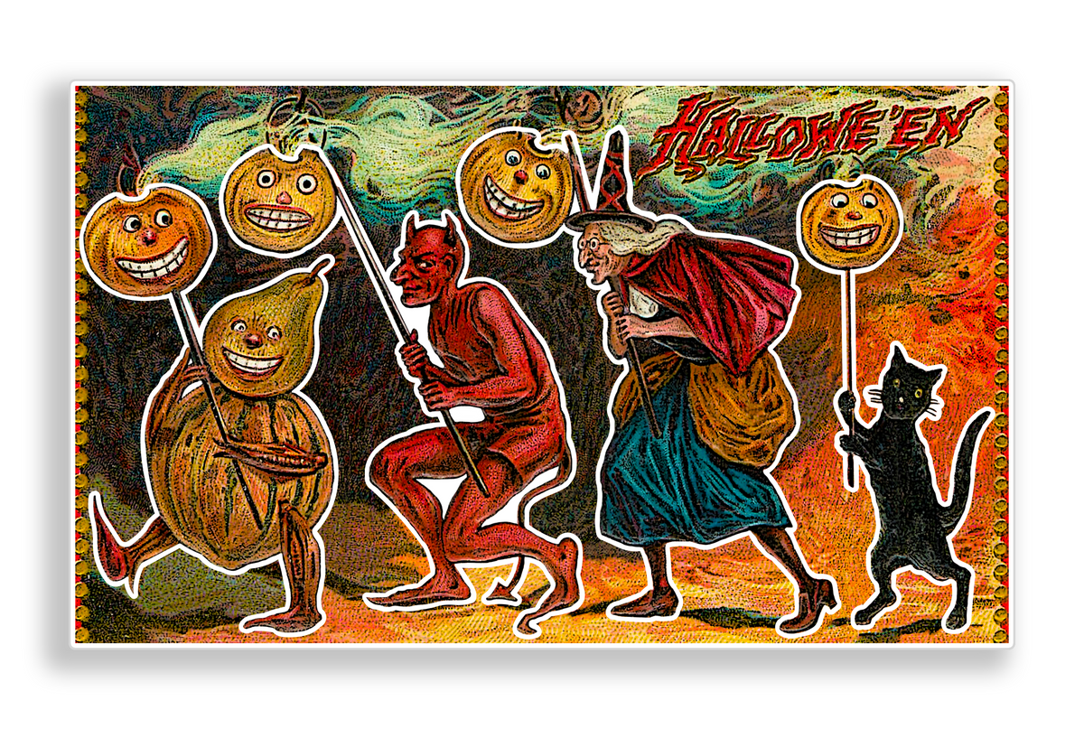 Spooky Victorian Witch Devil, Jack-o'-Lantern Vinyl Decal Sticker Sheet