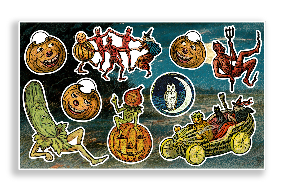Victorian Style Witch Devil Vegetables Jack-o'-Lantern Journal Decal Sticker Sheet