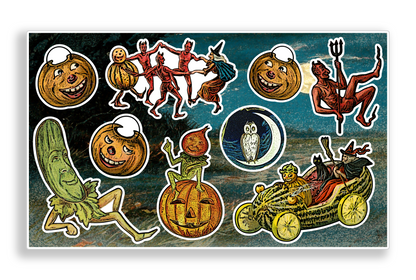 Victorian Style Witch Devil Vegetables Jack-o'-Lantern Journal Decal Sticker Sheet