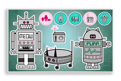Retro Robot Feline Tech Cat Vinyl Decal Sticker Sheet Journal Planner Stickers
