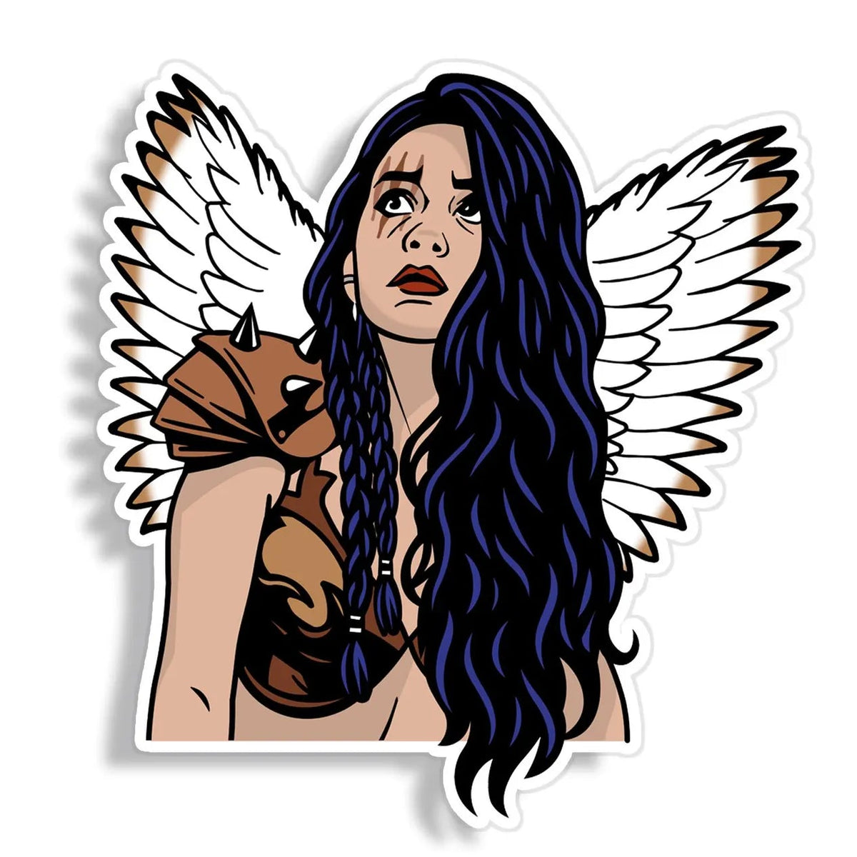 A die-cut vinyl sticker featuring a Sienna Shaw with long dark blue-black hair, white wings, and a brown horned mask, shown on a plain white background with a drop shadow.
