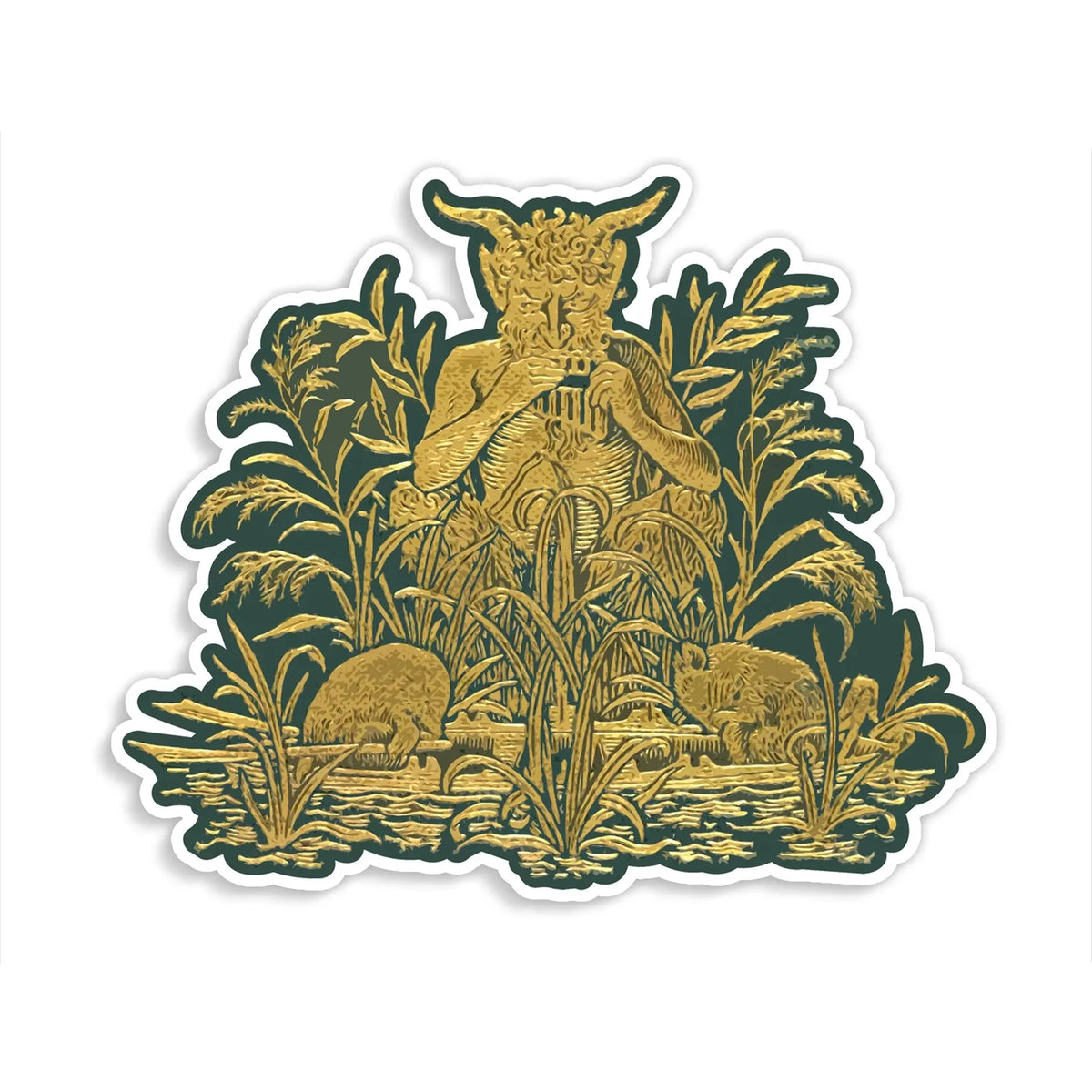 A die-cut vinyl sticker featuring a gold-toned illustration from the book cover The wind and the willows shown on a plain white background.