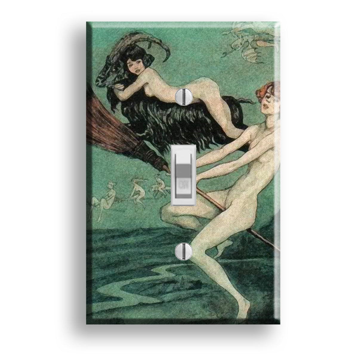 A single-toggle light switch plate featuring a vintage-style illustration of two nude figures in a green-toned scene, with the switch and screws shown over the artwork.